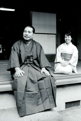 Daisaku Ikeda and Kaneko relax at home dressed in traditional New Years attire 1973